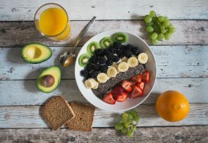 healthy food, fruits, veggies, oatmeal